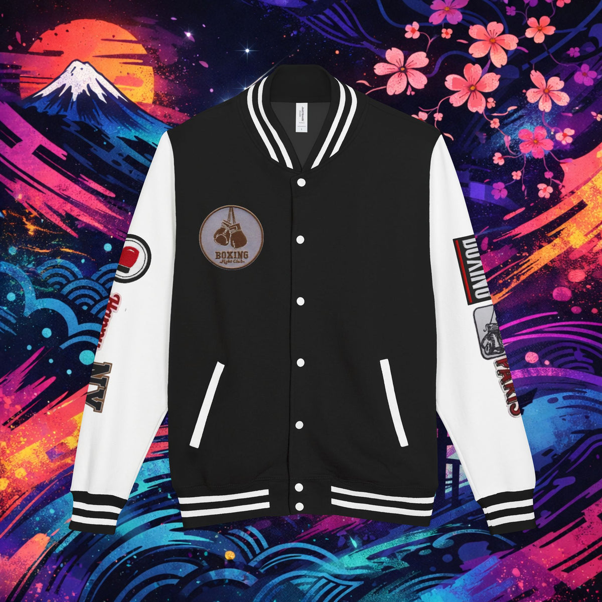 Boxing Letterman Jacket — Red Varsity Bomber with Boxing Gloves Patch