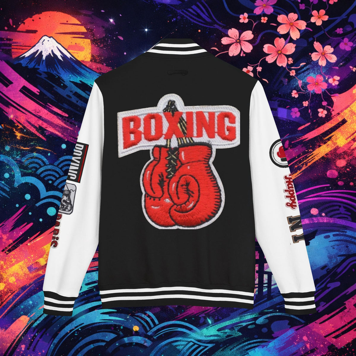 Boxing Letterman Jacket — Red Varsity Bomber with Boxing Gloves Patch