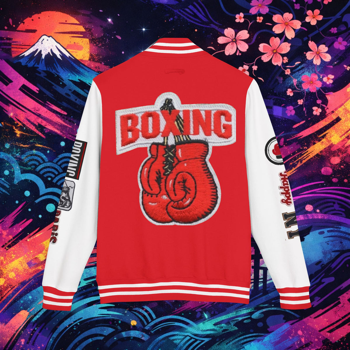 Boxing Letterman Jacket — Red Varsity Bomber with Boxing Gloves Patch