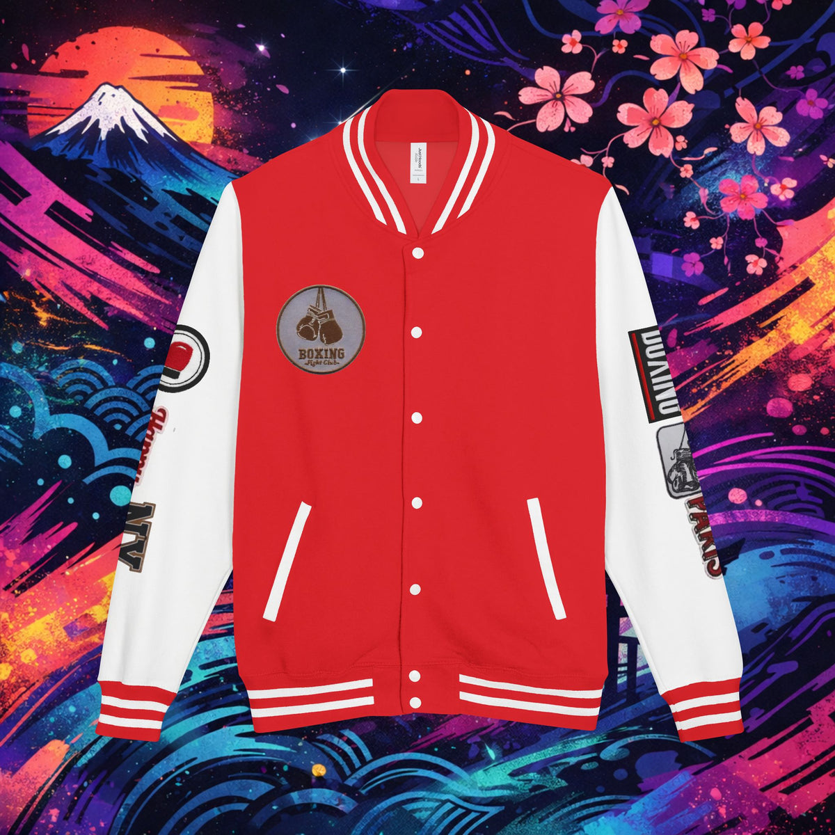 Boxing Letterman Jacket — Red Varsity Bomber with Boxing Gloves Patch