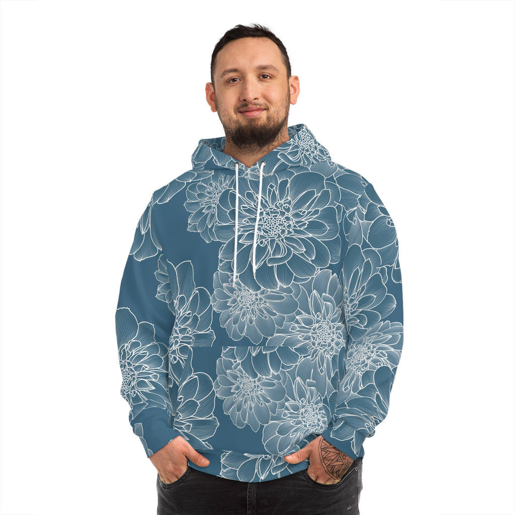 Floral Outline All-Over Print Hoodie — Blue Dahlia Pattern