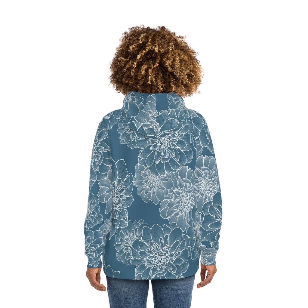Floral Outline All-Over Print Hoodie — Blue Dahlia Pattern