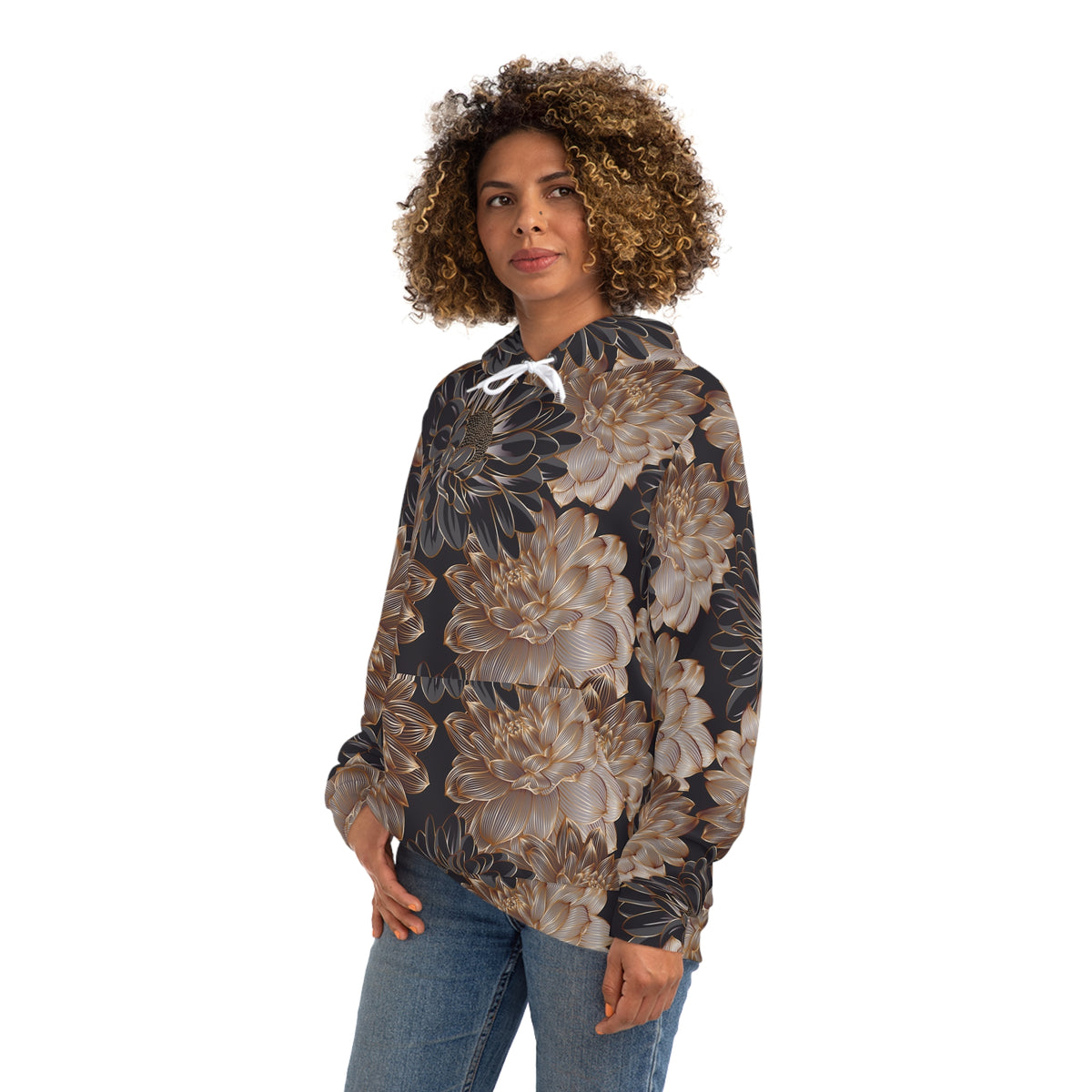 Floral Satin Chrysanthemum Hoodie    All-Over-Print Fashion Pullover