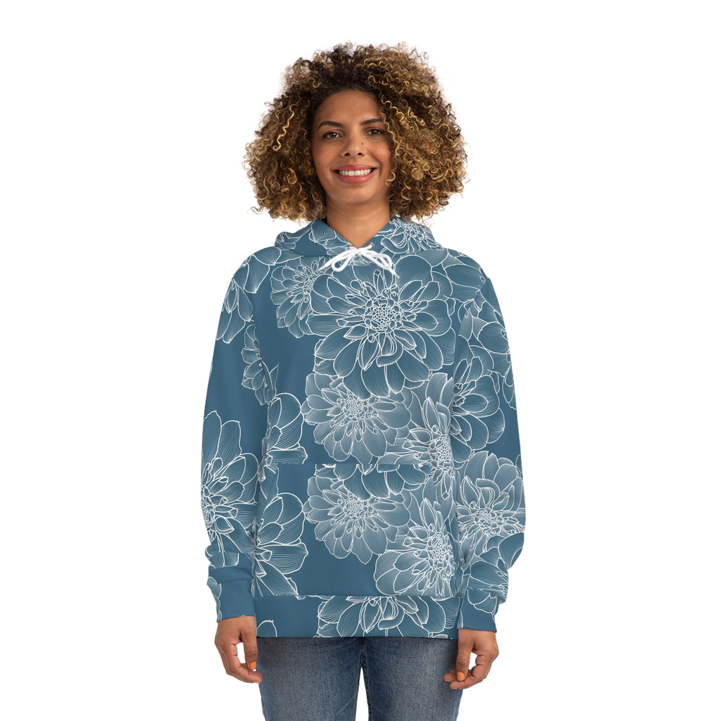 Floral Outline All-Over Print Hoodie — Blue Dahlia Pattern