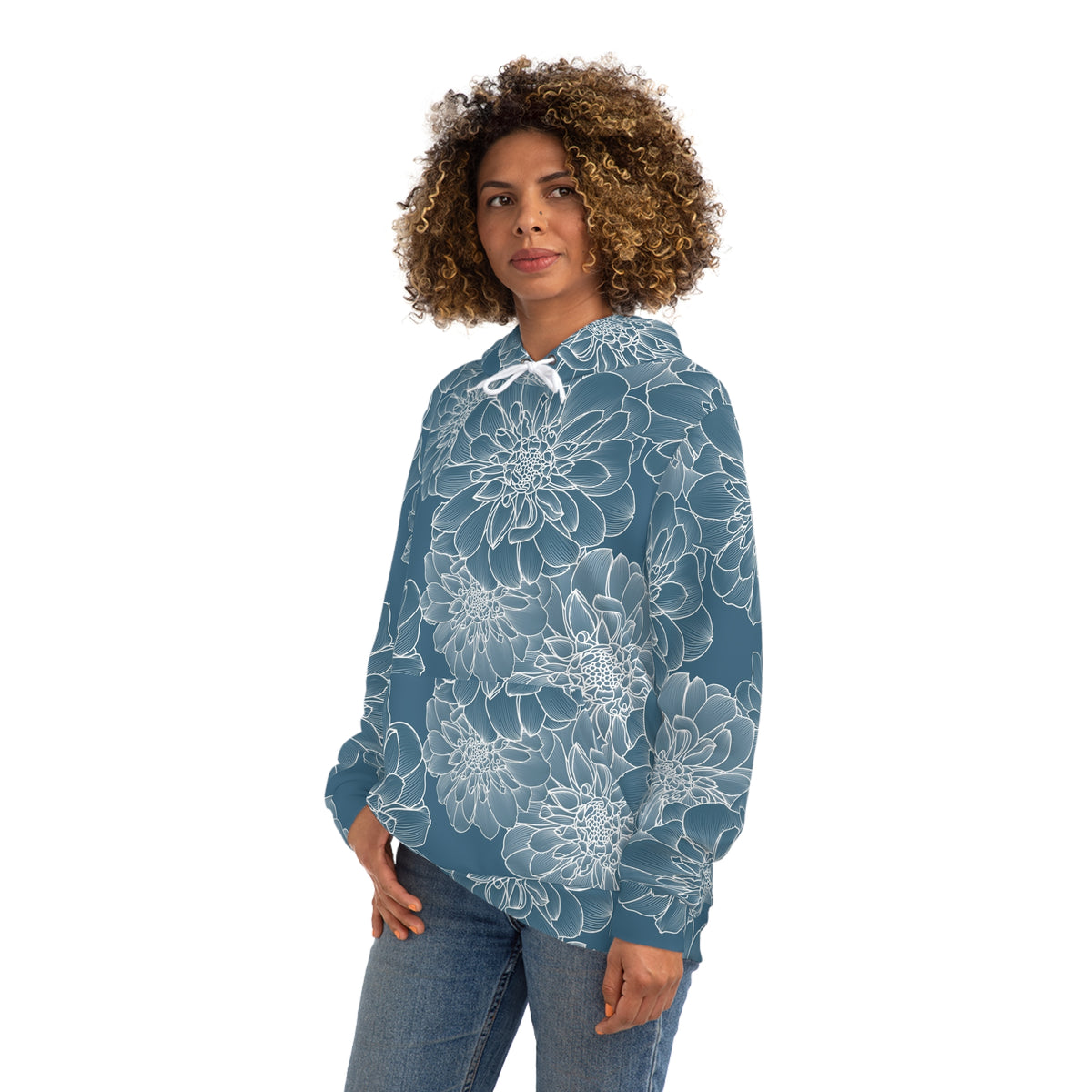 Floral Outline All-Over Print Hoodie — Blue Dahlia Pattern