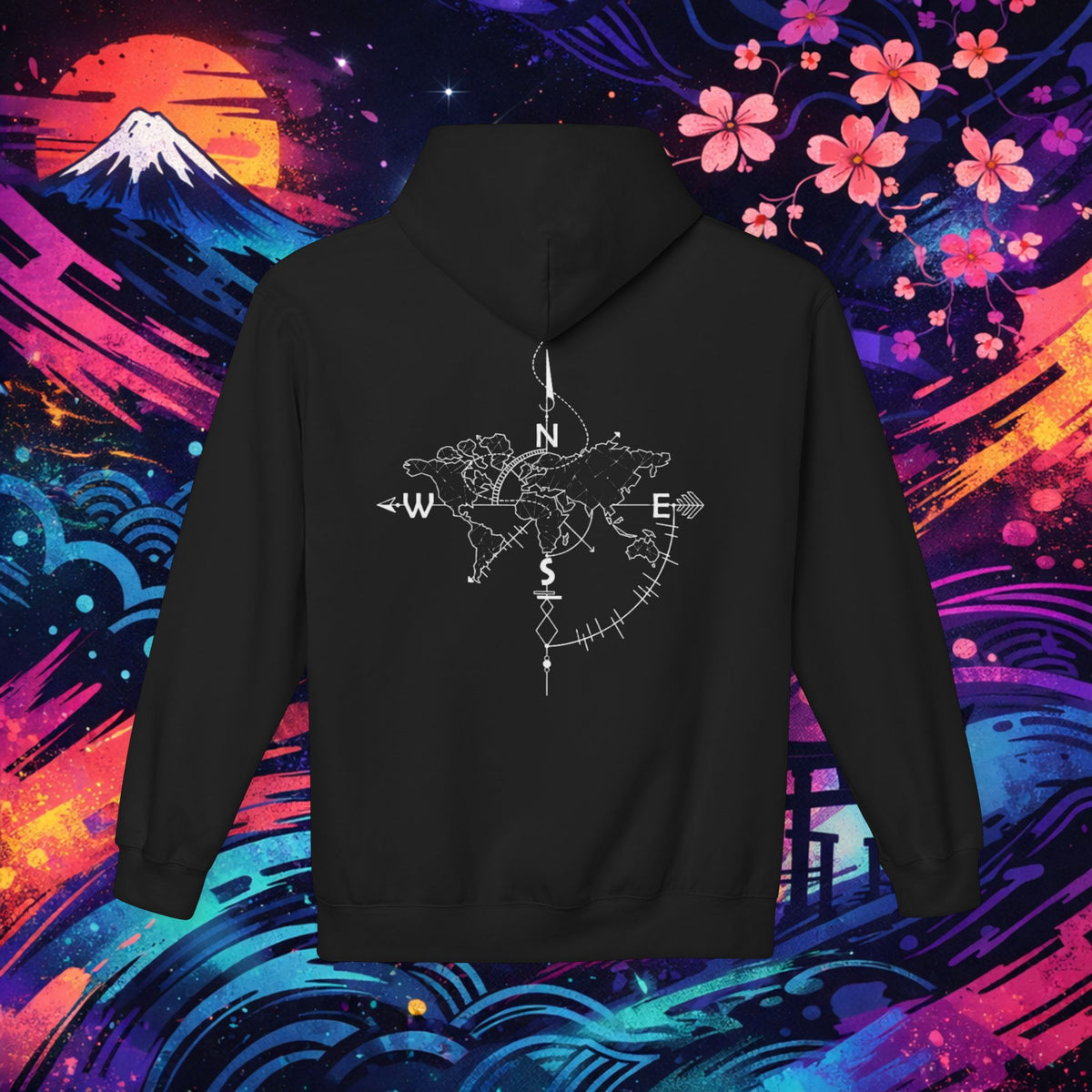 Compass World Map Hoodie — Adventure Travel Graphic Pullover