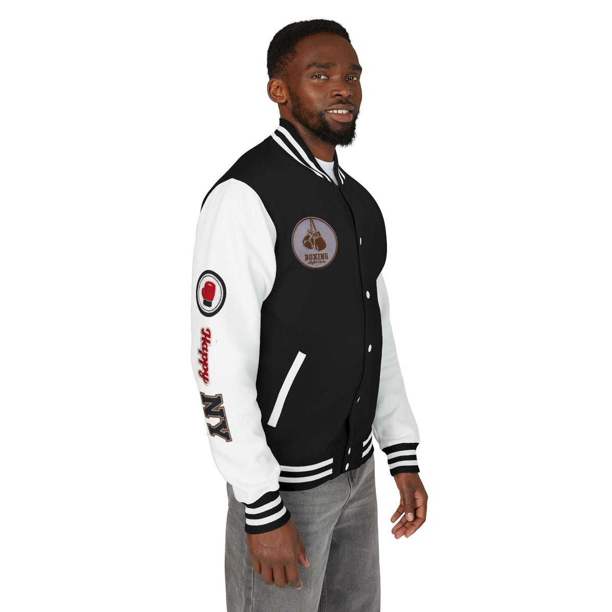Boxing Letterman Jacket — Red Varsity Bomber with Boxing Gloves Patch