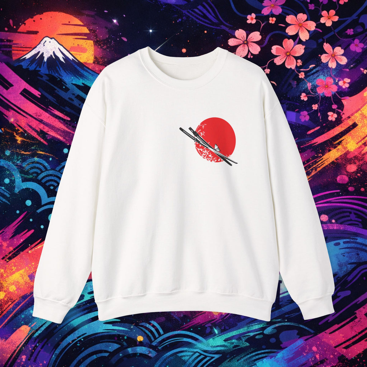 Copy of Samurai Sunset Crewneck Sweatshirt — Japanese Cherry Blossom & Red Sun Design