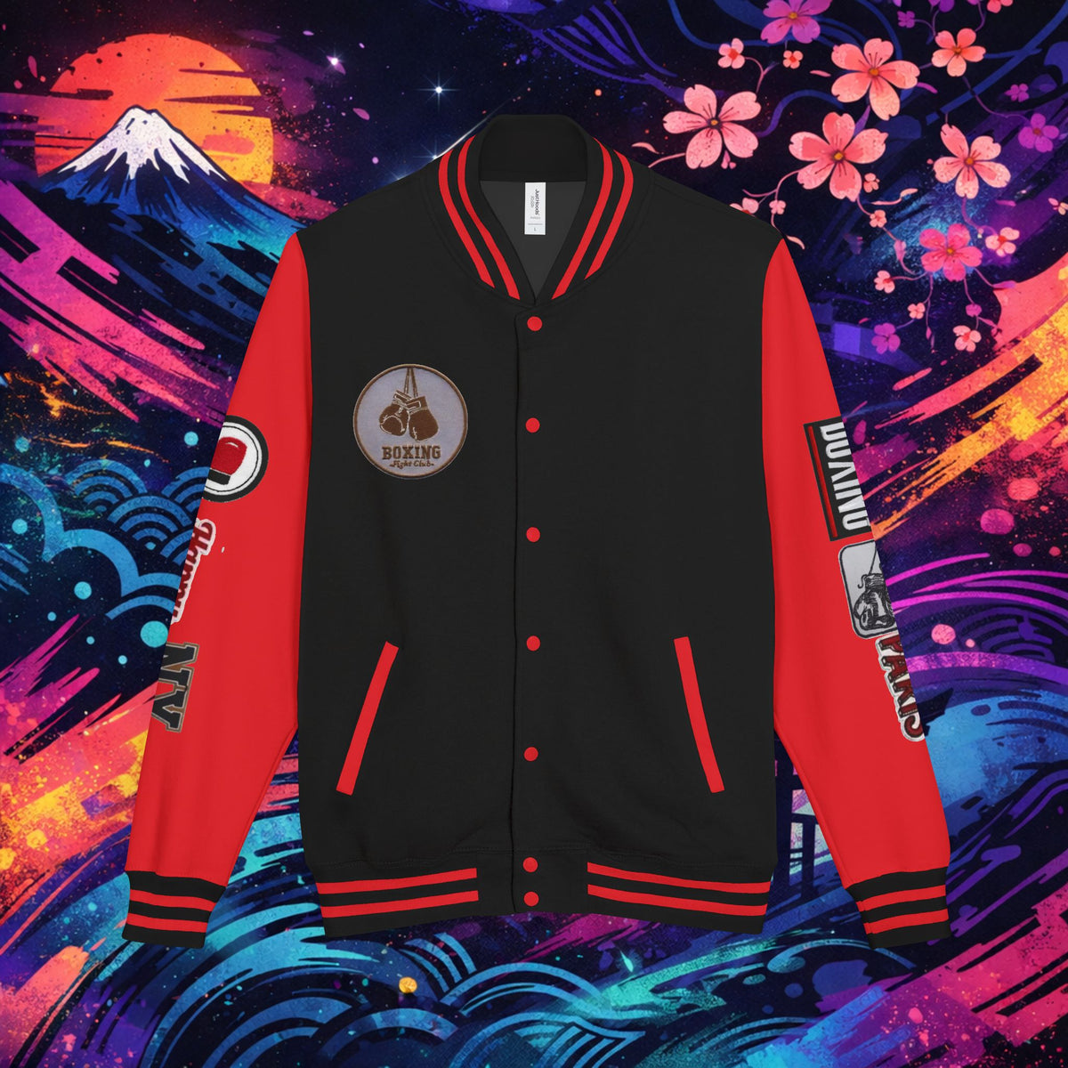 Boxing Letterman Jacket — Red Varsity Bomber with Boxing Gloves Patch