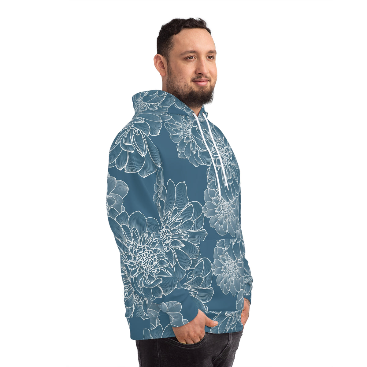 Floral Outline All-Over Print Hoodie — Blue Dahlia Pattern